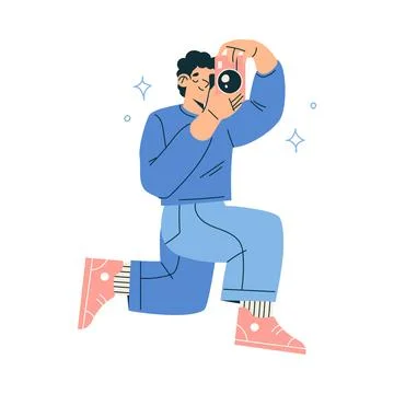 New Technologies with Man Character with Camera Take Photo Vector Illustration Stock Illustration