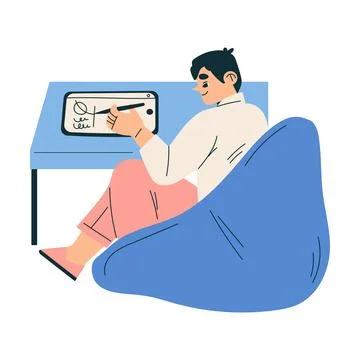 New Technologies with Man Character with Tablet Drawing Vector Illustration Stock Illustration
