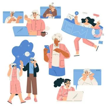 New Technologies with People Character Using Mobile Device Vector Set Illustrazione stock