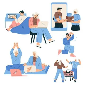 New Technologies with People Character Using Mobile Device Vector Set Stock Illustration