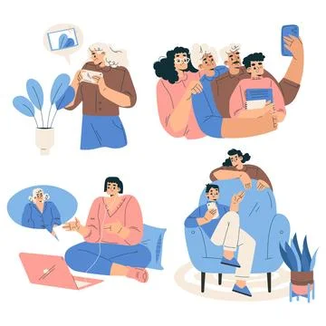 New Technologies with People Character Using Mobile Device Vector Set 스톡 일러스트