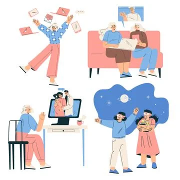 New Technologies with People Character Using Mobile Device Vector Set Illustrazione stock
