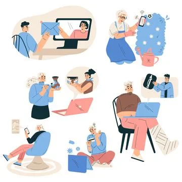 New Technologies with People Character Using Mobile Device Vector Set Ilustração Stock