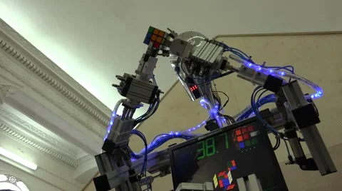 New technologies. Robot. AI. Robot collects Rubik's cube. Stock Footage 50175006