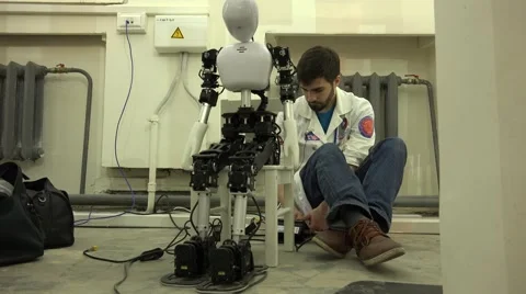 New technologies. Robot. AI.  The robot and its creator. Stock Footage 50182376