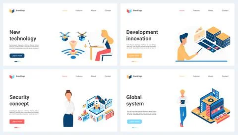 New technology development and innovation, global systems security set and tiny Illustrazione stock