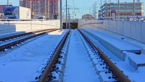 New three-car light rail for vehicle LRV along Eglinton Avenue program. Stock Footage 231077063