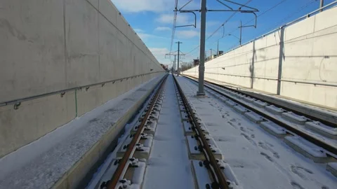New three-car light rail for vehicle LRV along Eglinton Avenue Stock Footage 231253558