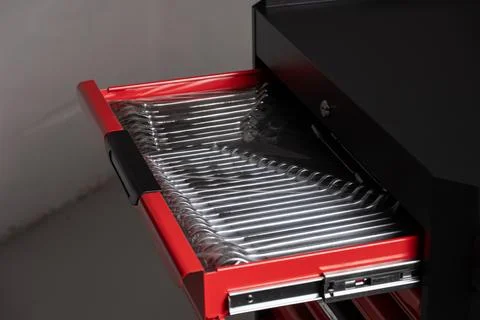 New tools in drawer with protective plastic Stock Photos
