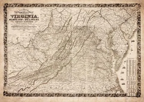 New Topographical Map Of The States Of Virginia Maryland And Delaware Easte.. Stock Illustration