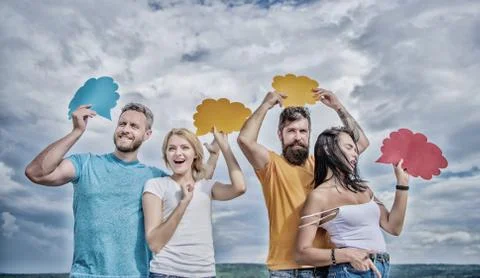 A new type of interactive communication. Friends send messages on comic bubbles Foto stock