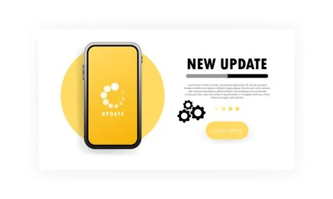 New update banner. Process updates mobile system on smartphone screen. Upgrad Illustrazione stock