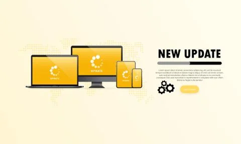 New update for devices banner. Computer, laptop, tablet and smart phone scree Illustrazione stock