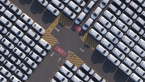 New vehicles arranged along marked lanes at Port of Veracruz terminal Stock Footage 345178600