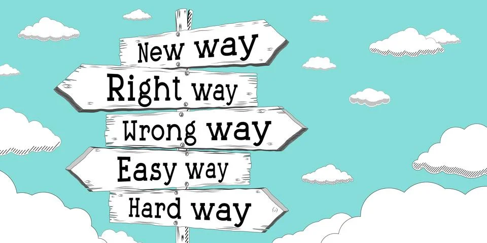 New way, right way, wrong way, easy way, hard way - outline signpost with f.. Stock Illustration