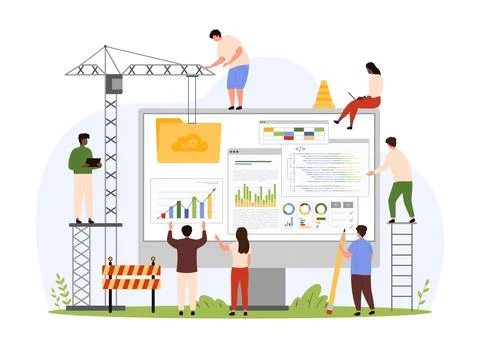 New website construction, creation process, tiny people build friendly user 스톡 일러스트