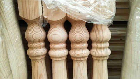 The new wooden railing posts are located outside the building. Wood construction Stock Footage 130674698