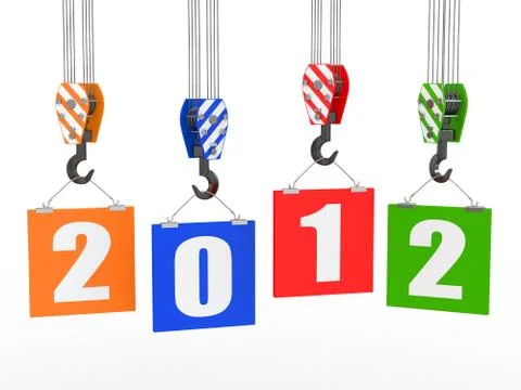 New year 2012. crane hooks with boards. 3d Illustrazione stock