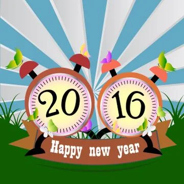 New year 2016 text design with clock on orange background. Stock Illustration