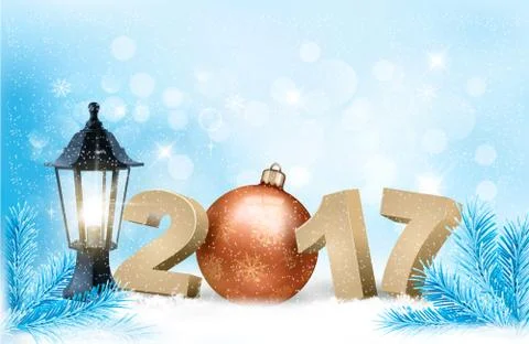 New Year 2017 background with winter nature and a lamp. Vector. Stock Illustration