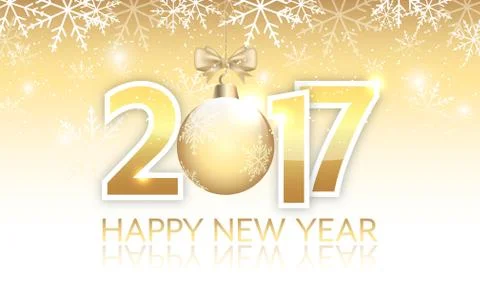 New Year 2017 golden vector banner with hanging bauble. Stock Illustration