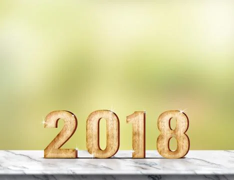 New year 2018 (3d rendering) on marble table at green abstract background,hol Stock Photos