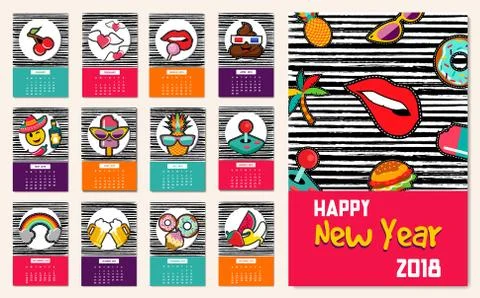 New Year 2018 comic patch icon set calendar template Stock Illustration