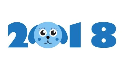 New Year 2018 figures with cute puppy, dog, isolated on white background. Vector Stock Illustration