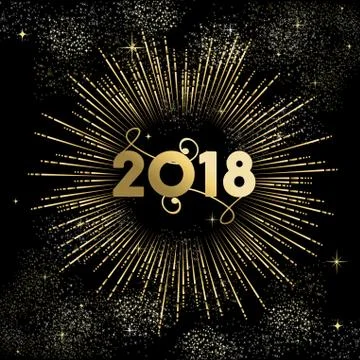 New Year 2018 gold firework night sky card 스톡 일러스트