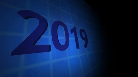 New year 2019 concept, 3D 2019 design displayed on blue glowing screen Stock Footage