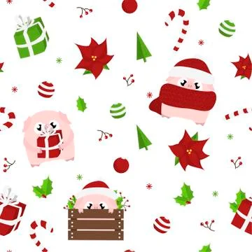 New Year 2019 seamless pattern with christmas decorations and pigs Stock Illustration