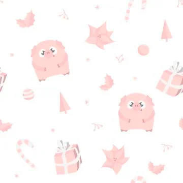New Year 2019 seamless pattern with christmas decorations and pink pigs Stock Illustration