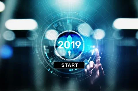 New year 2019 start button on virtual screen hologram. FInancial growth and new Stock-Fotos