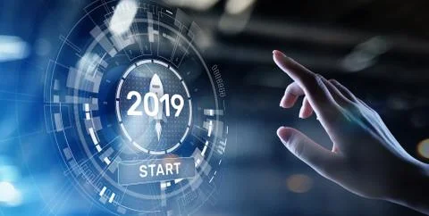 New year 2019 start button on virtual screen hologram. FInancial growth and new Fotos Stock