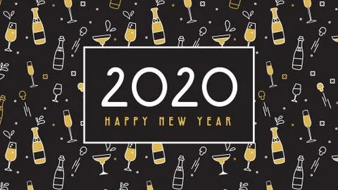 New Year 2020 banner. Pattern with champagne,glasses and extracted cork. Stock Illustration