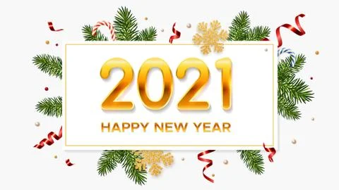 New Year 2021 background with pine branches, golden snowflakes, candy, tinsel Stock Illustration