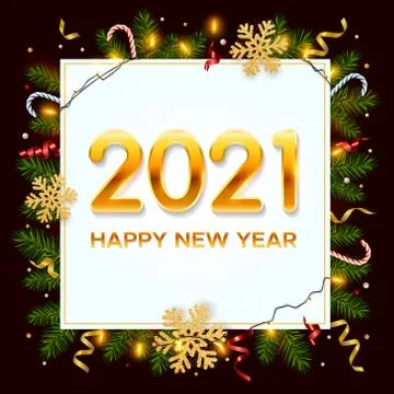 New Year 2021 background with pine branches, golden snowflakes, shining garlands Stock Illustration