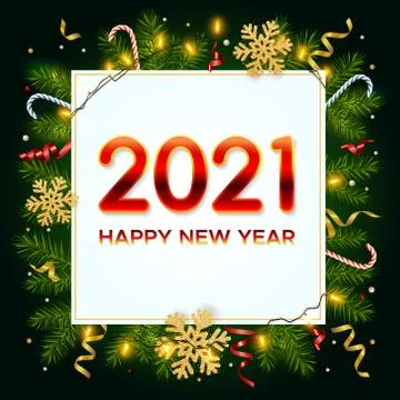 New Year 2021 background with pine branches, snowflakes, garlands, candy, tinsel Stock Illustration