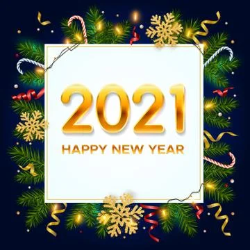 New Year 2021 background with pine branches, golden snowflakes, shining garlands Stock Illustration