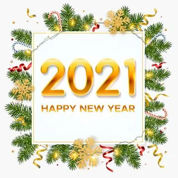 New Year 2021 background with pine branches, golden snowflakes, shining garlands Stock Illustration