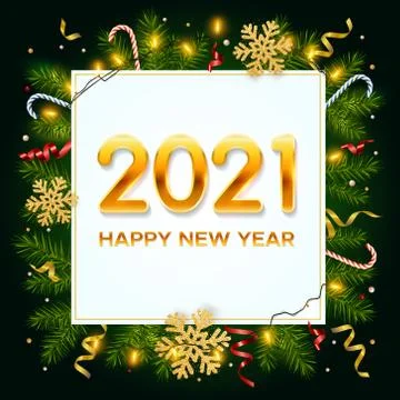 New Year 2021 background with pine branches, snowflakes, garlands,  tinsel Stock Illustration