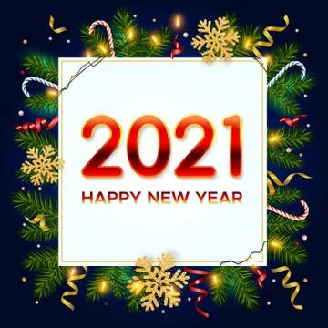 New Year 2021 background with pine branches, snowflakes, garlands, candy, tinsel Illustrazione stock