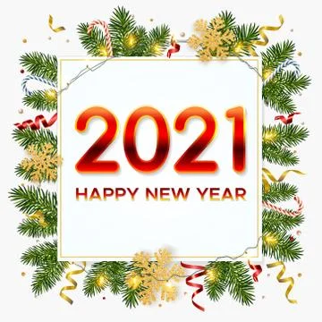New Year 2021 background with pine branches, golden snowflakes, garlands, tinsel Stock Illustration