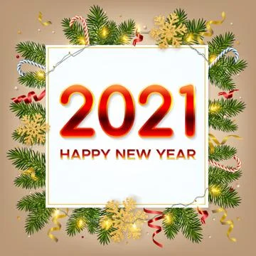 New Year 2021 background with pine branches, golden snowflakes,  garlands Illustrazione stock