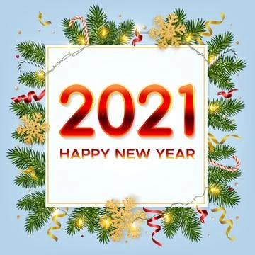 New Year 2021 background with pine branches, golden snowflakes, garlands, tinsel Stock Illustration