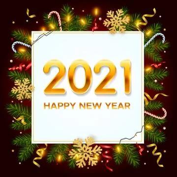 New Year 2021 background with pine branches, golden snowflakes, garlands, tinsel Stock Illustration