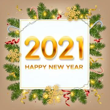 New Year 2021 background with pine branches, golden snowflakes, garlands, tinsel Stock Illustration