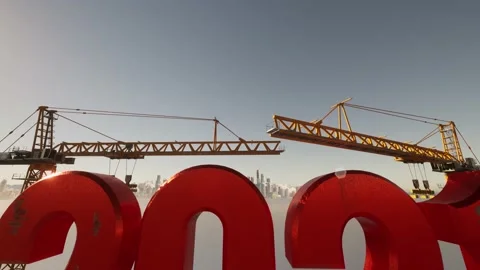New Year 2021, construction 3d Rendering  heavy duty equipment crain at sun s Stock Footage 146295367