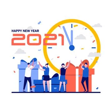 New year 2021 countdown concept with tiny people, clock and large presents .. Stock Illustration