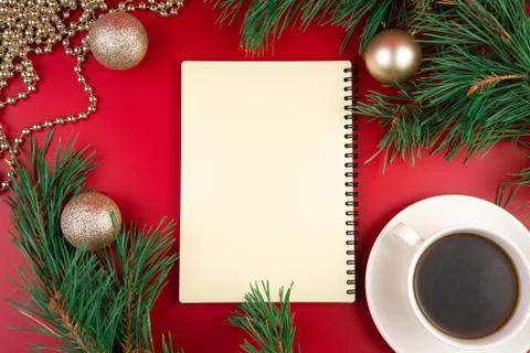 New year 2021, layout with Notepad, coffee Cup, pine branch and cones. Stock Photos